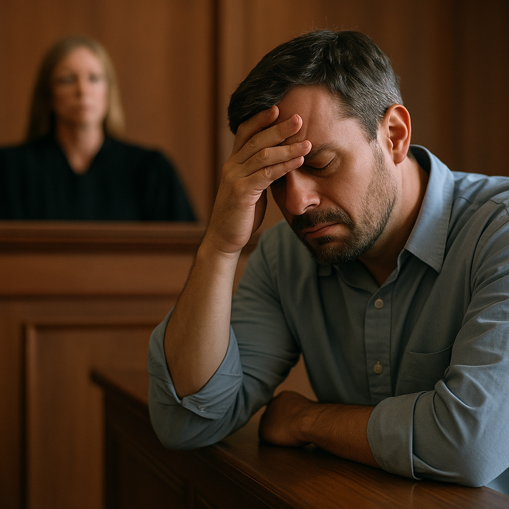 A devastated father sits in court, overwhelmed with emotion as a judge looks on.