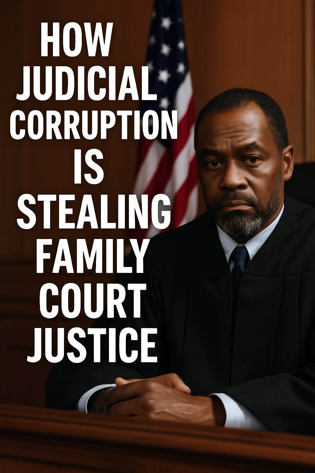 A stern male judge sits in court with an American flag behind him, symbolizing unchecked judicial power in family court.