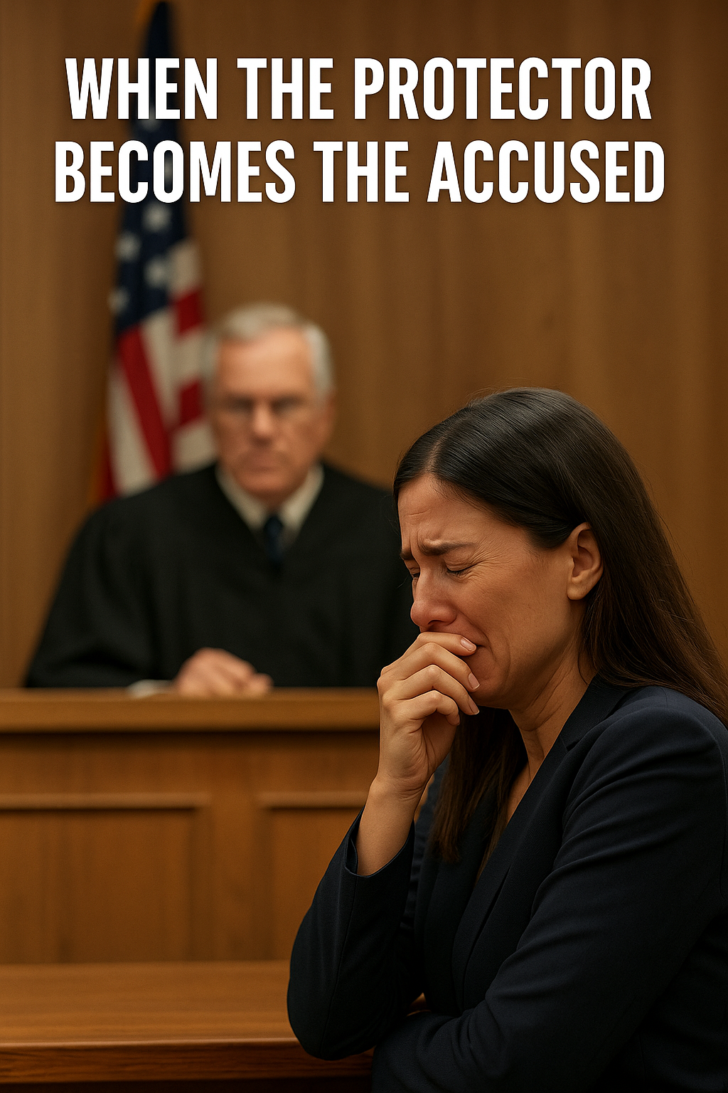 A symbolic courtroom scene reflecting how protective mothers are often punished for speaking
