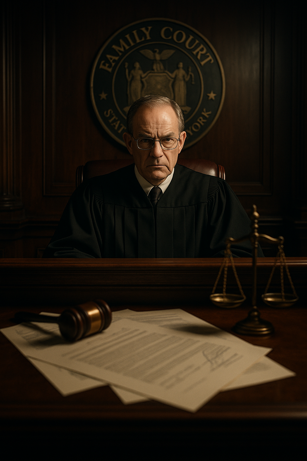 A dimly lit courtroom scene with an empty judge’s bench, gavel, and shadowed law books, symbolizing hidden corruption in New York’s family courts
