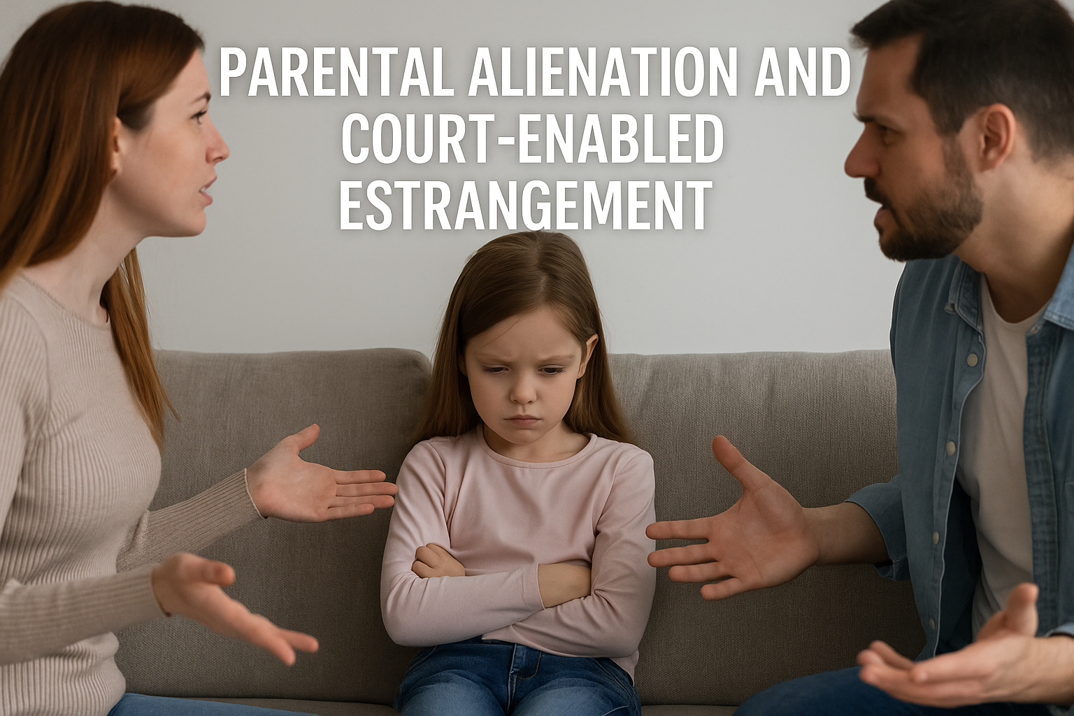 A sad young girl sits between her arguing parents, representing the emotional impact of parental alienation.